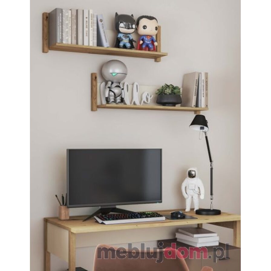 Półka wisząca 90 LENNY LY-05 w odcieniu beżu w połączniu z dębem artisan w aranżacji z bryłami systemu LENNY