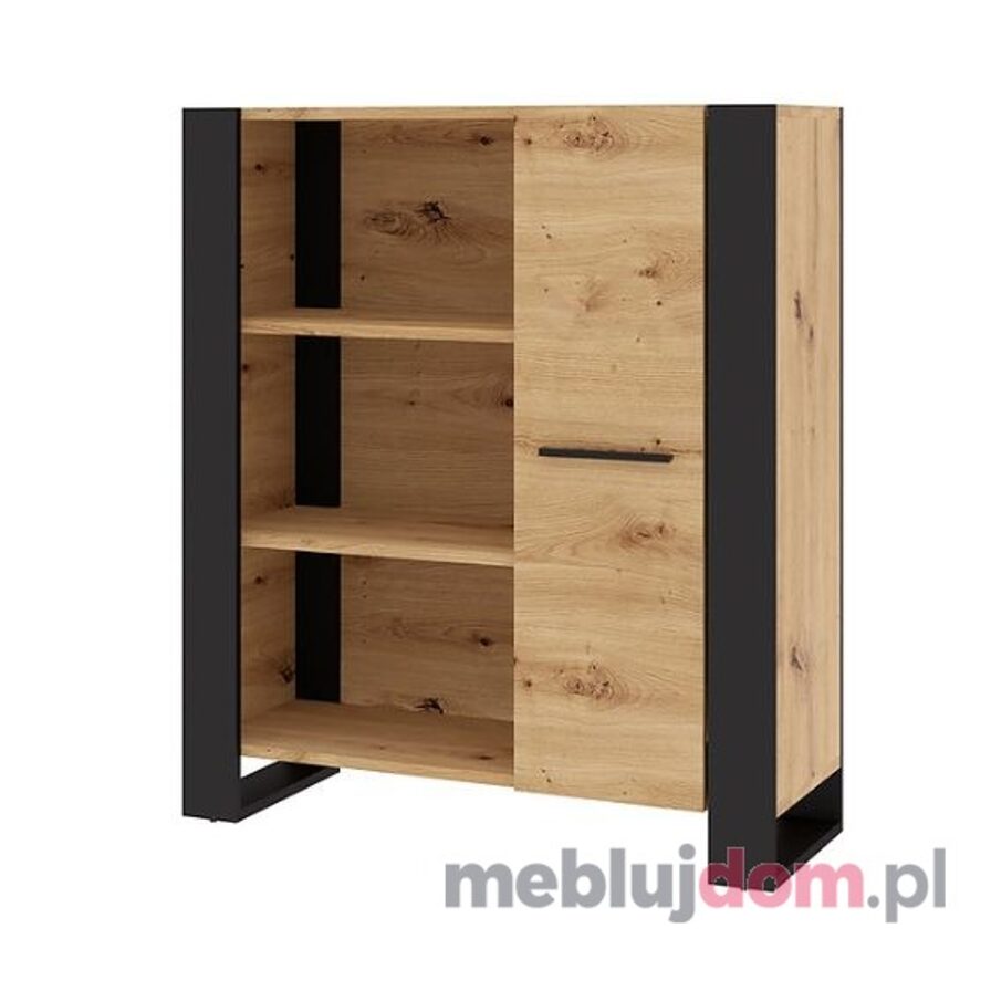 Niski regał MEDELLIN z częścią otwartą i zamkniętą w odcieniu dębu artisan na czarnej podstawie