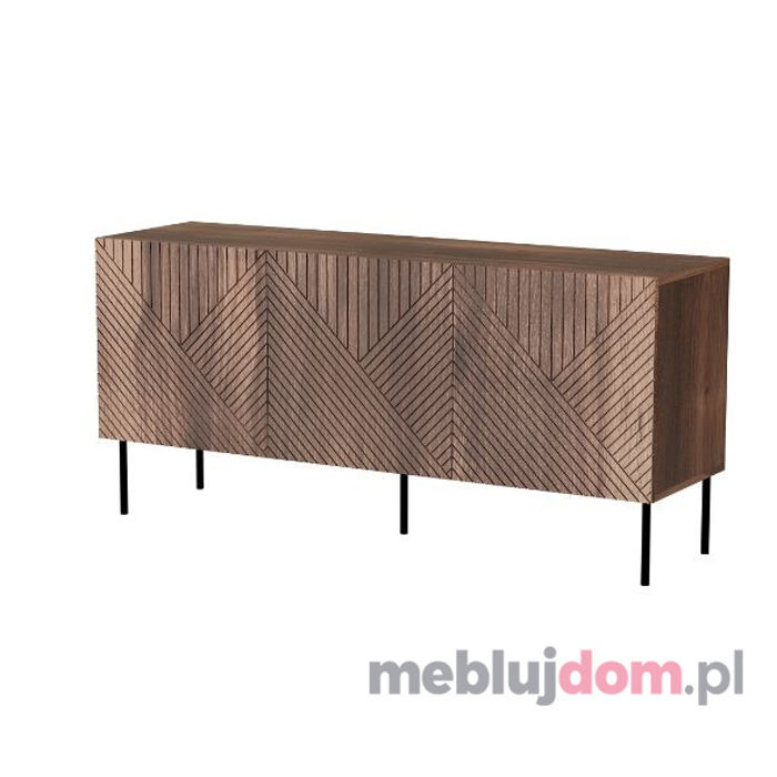 Komoda ART DECO 150 w kolorze orzech warmia zdobiona frezem na froncie na czarnej metalowej podstawie