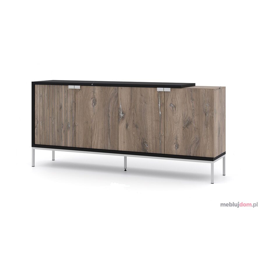 Komoda ALFREDO 190 w odcieniu dębu flagstaff na srebrnej metalowej podstawie w aranżacji z bryłami systemu ALFREDO 