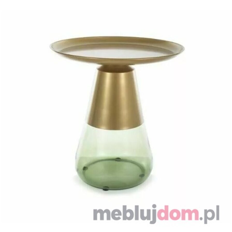 Okrągły stolik kawowy TIFFANY A GOLD ze złotym metalowym blatem na szklanej zielonej podstawie