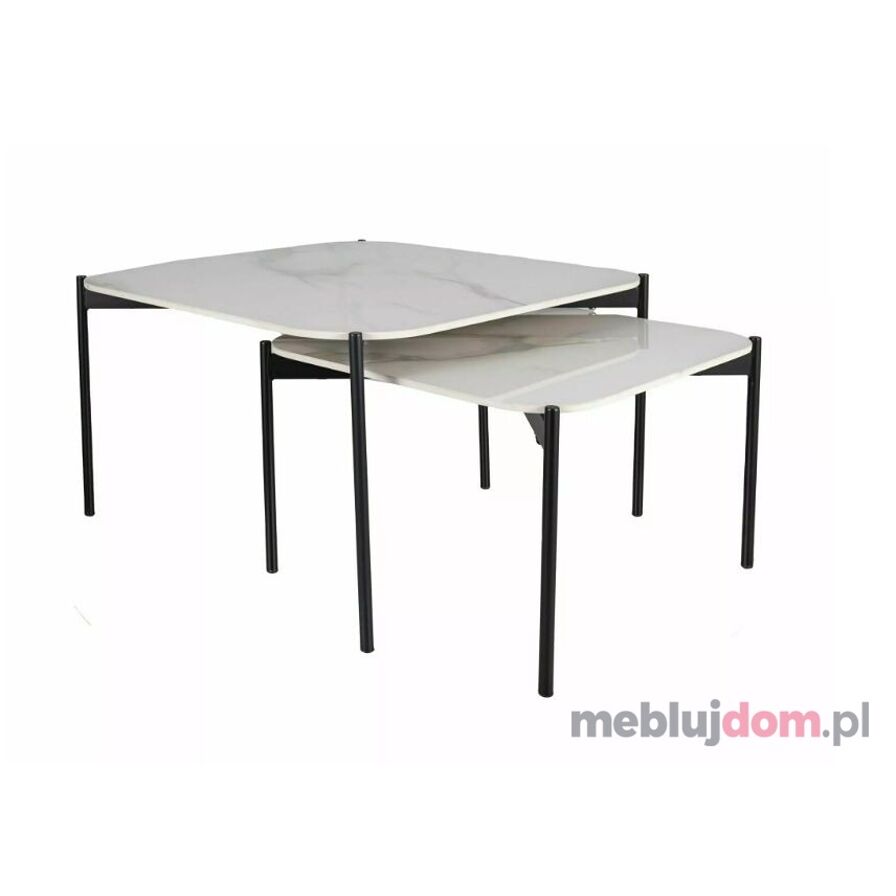 Zestaw dwóch ceramicznych kwadratowych ław STEP w odcieniu białego marmuru na czarnych nogach