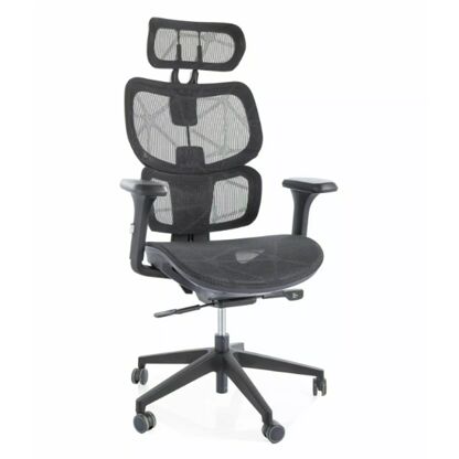 Czarny fotel ergonomiczny DEVON Signal wykonany z siatki, z regulacją podłokietników i zagłówka