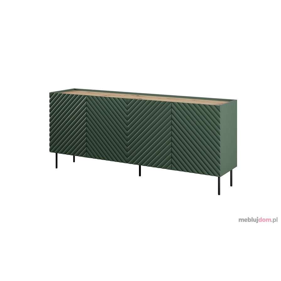 Czterodrzwiowa komoda ONDA 200 w odcieniu labrador z frezowanym frontem 3D we wzór jodełki na czarnych metalowych nóżkach