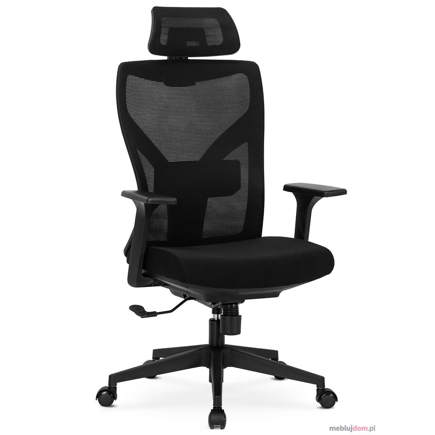Czarny fotel ergonomiczny SPIRAL z punktem podparcia lędźwi oraz regulowanym zagłówkiem