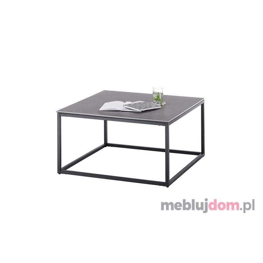 Kwadratowy stolik kawowy VARNA szklany ceramiczny antracytowy na metalowej podsatwie