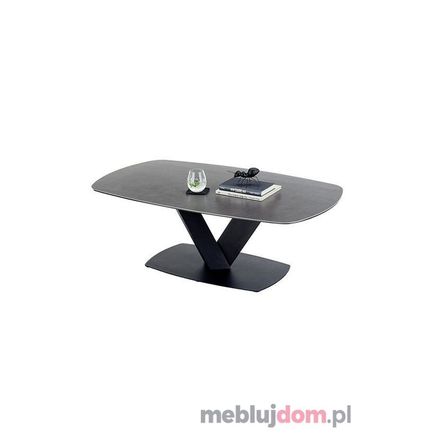 Owalny ceramiczny antracytowy stolik kawowy MALANGO na metalowej czarnej podstawie