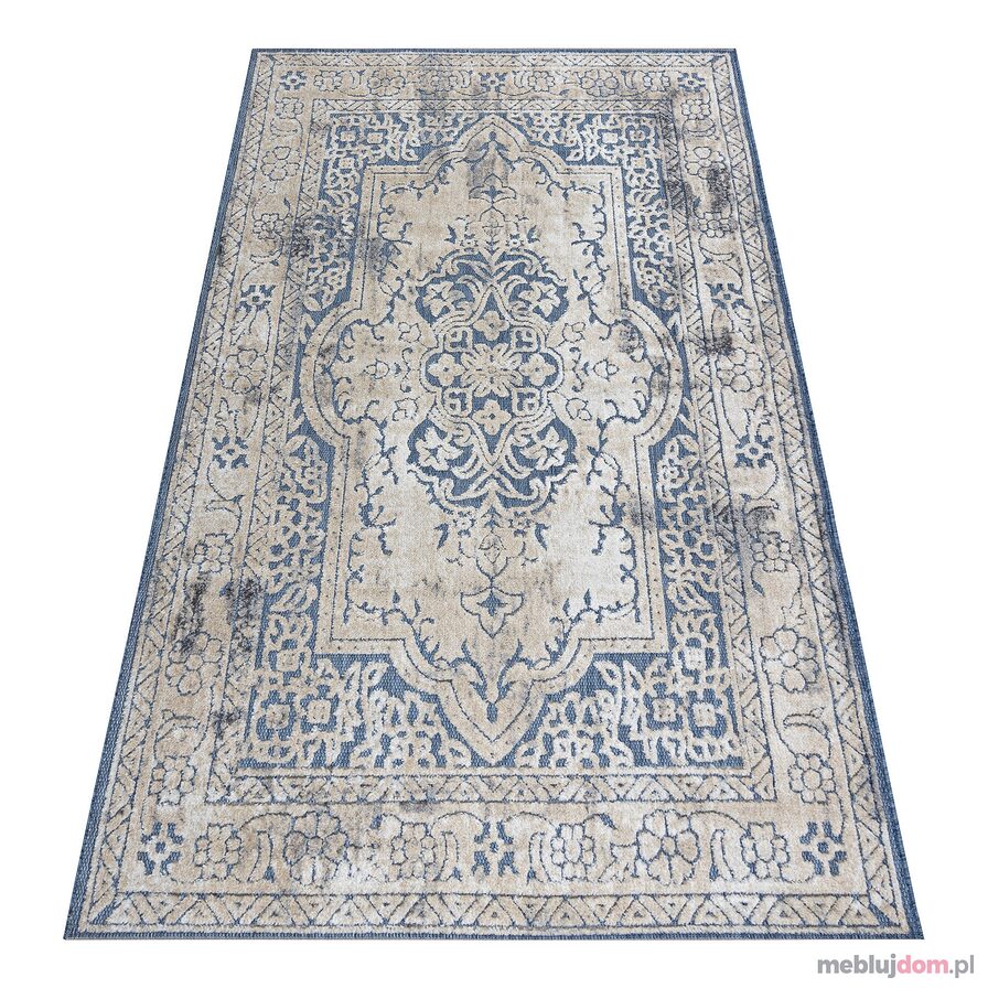 Dywan Strukturalny SOLE D3871 Ornament, ramka - płasko tkany niebieski / beż