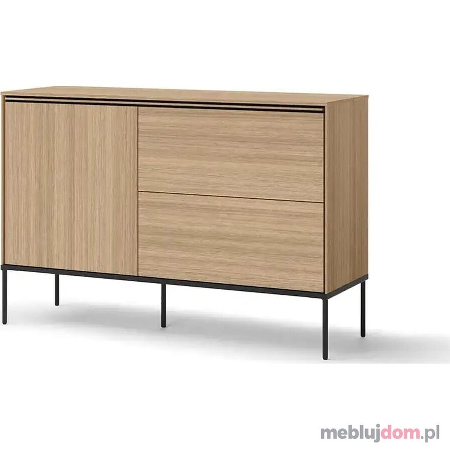 Jednodrzwiowa komoda VISSO VI-03 w odcieniu dębu linearny z szufladami na czarnych metalowych nóżkach