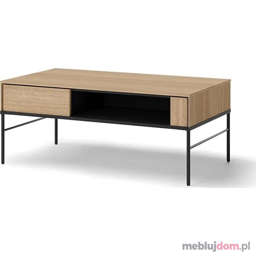 Stolik kawowy VISSO VI-09 w odcieniu dębu linearny z wnęką na czarnych metalowych nóżkach