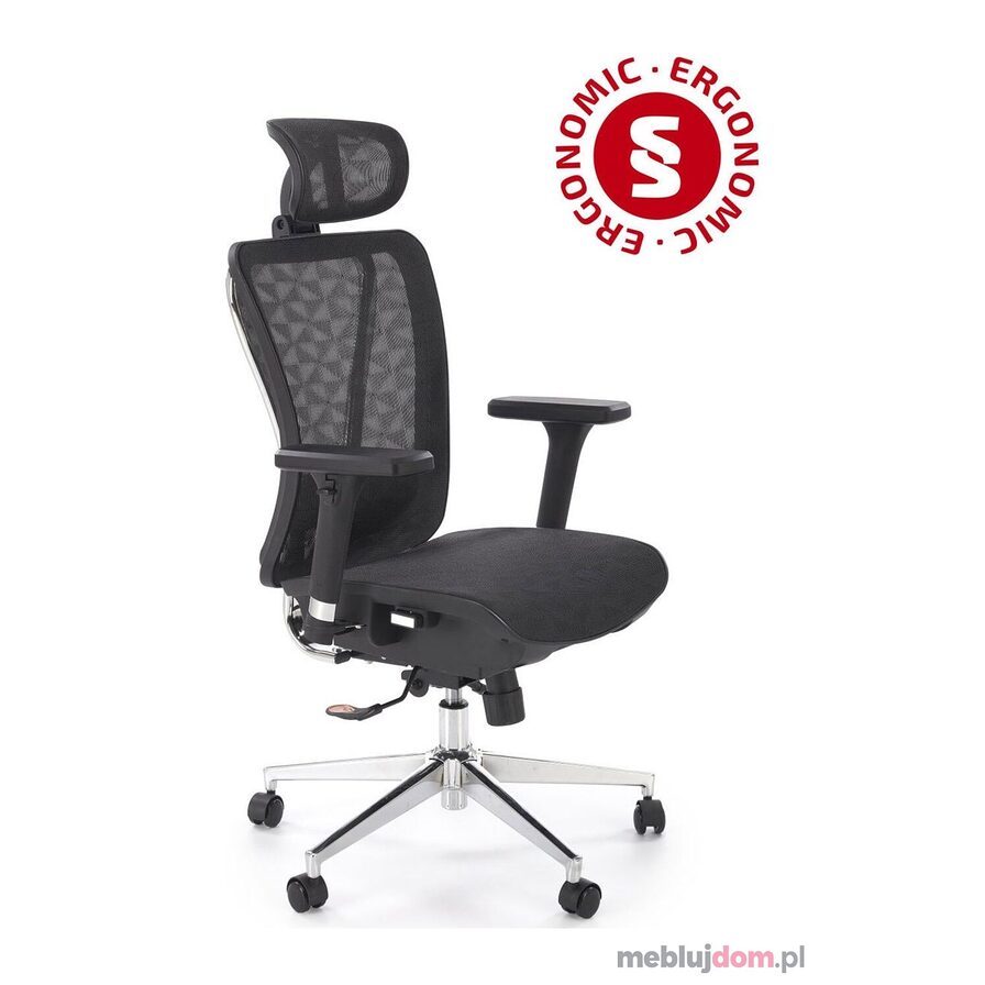 Czarny fotel obrotowy ergonomiczny VIXEN z funkcją multiblock na aluminiowej podstawie