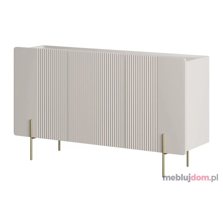 Trzydrzwiowa komoda MALMI 2 150 w odcieniu kaszmiru zdobiona ryflowaniem na złotych metalowych nogach