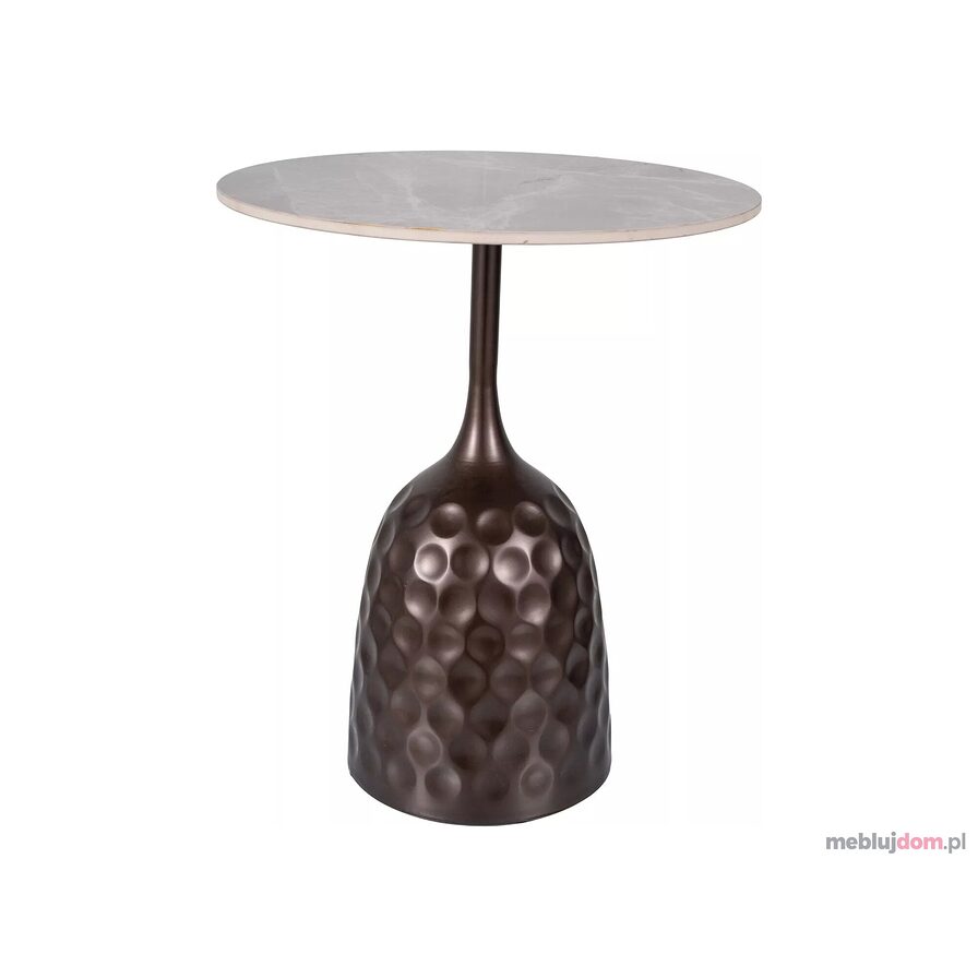 Okrągły ceramiczny stolik MUTTI z efektem szarego marmuru na metalowej designerskiej podstawie