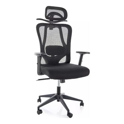 Czarny fotel ergonomiczny Q-080 z regulowanymi podłokietnikami, zagłówkiem i odcinkiem lędźwiowym