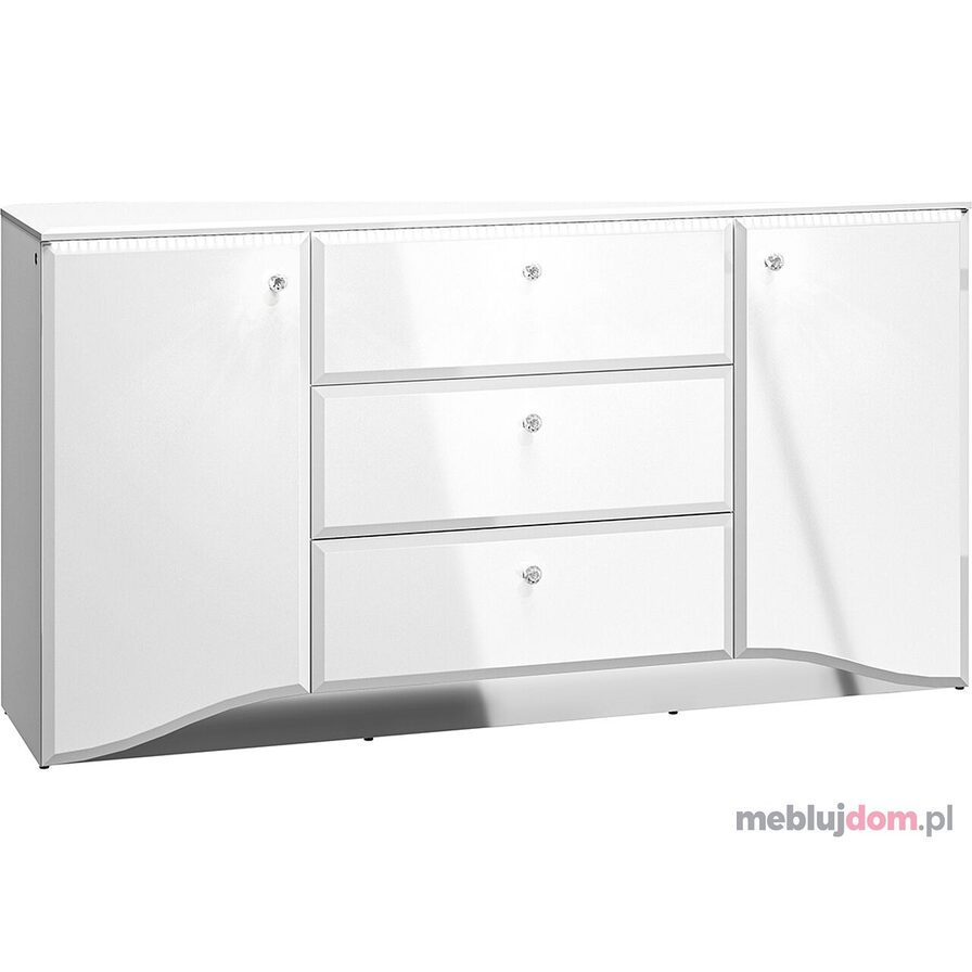Dwudrzwiowa biała komoda GLAMOUR 02 z szufladami, zdobiona lustrzanym detalem