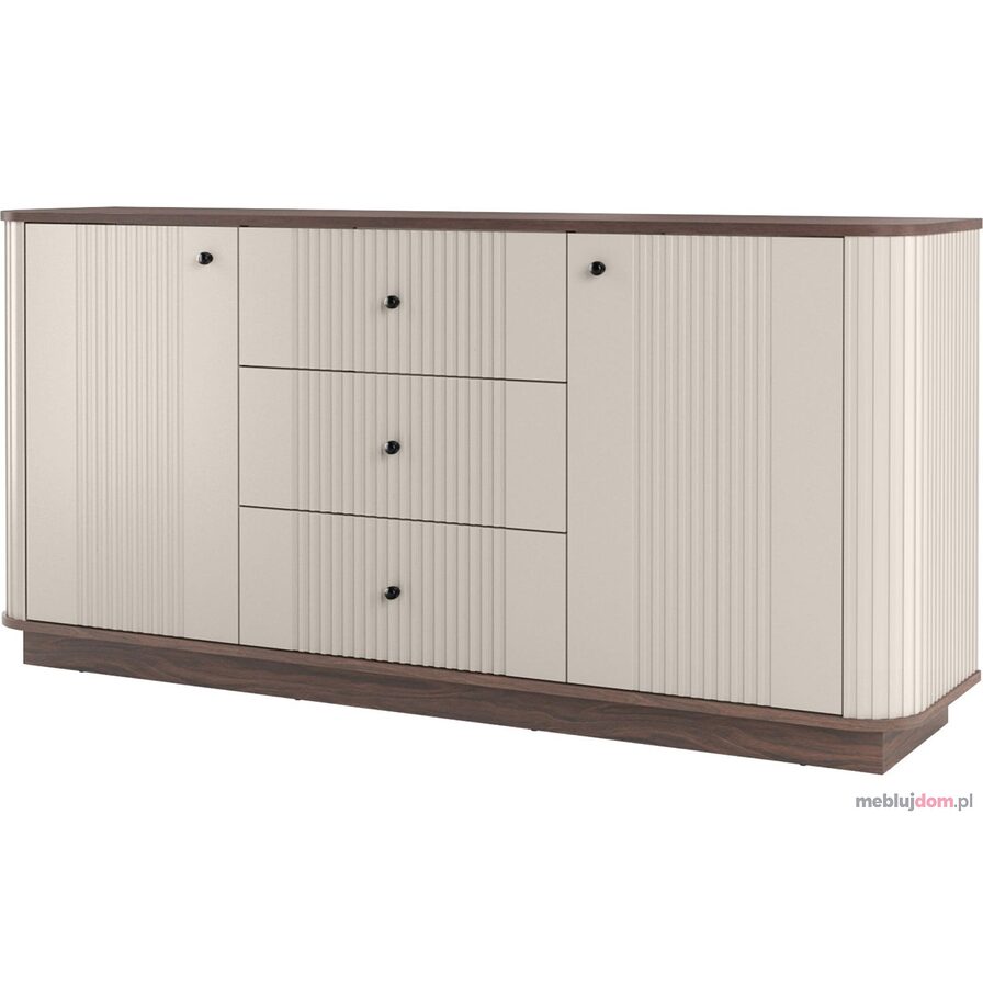Komoda w kolorze orzech plus kaszmir VESPER 3 2D3SZ z czarnymi uchwytami na cokole