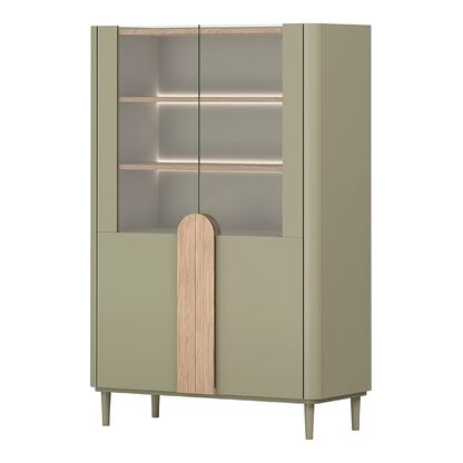 Witryna AMILIO 100 w odcieniu eukaliptus / dąb baltic dune / dąb naturalny na drewnianych nóżkach