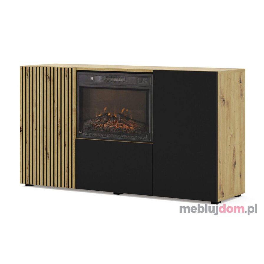 Komoda LAMELLE 150 w odcieniu dębu artisan i czerni z kominkiem elektrycznym