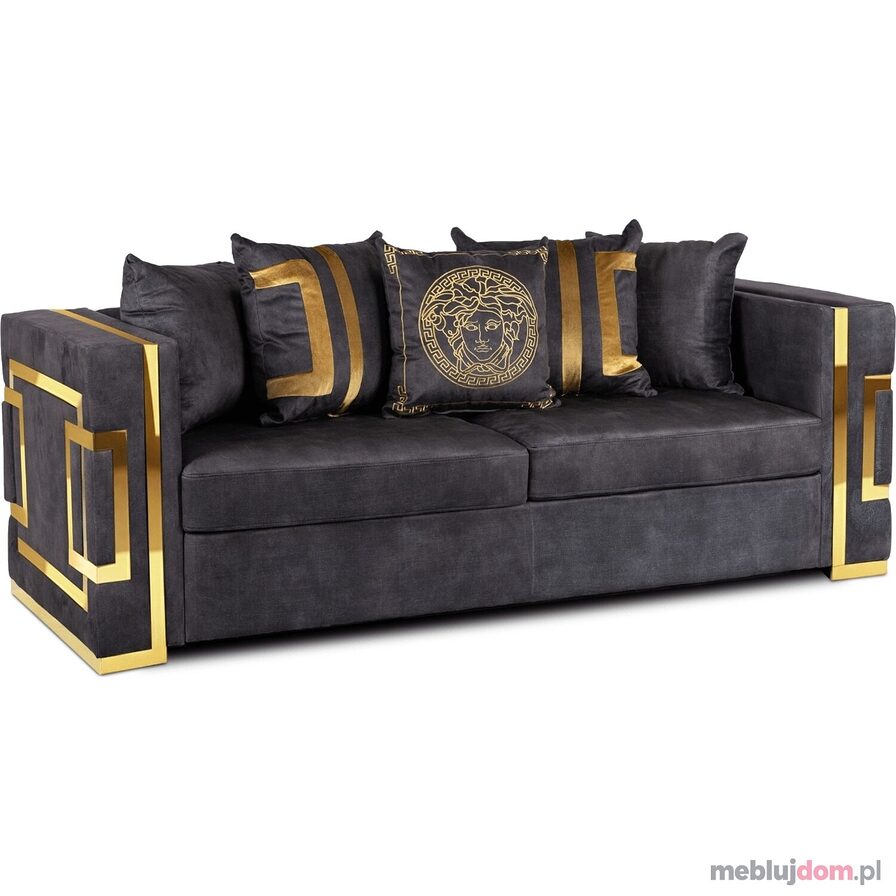 Sofa PALLAZO 3S Trzyosobowa czarna ze złotymi wstawkami glamour