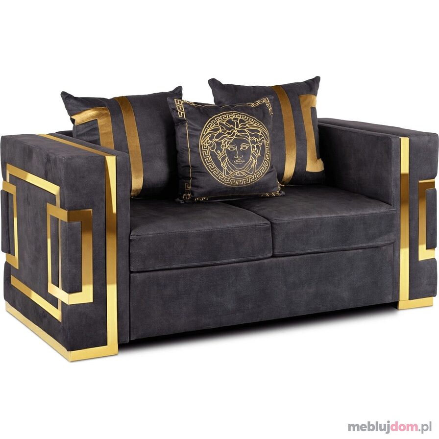 Sofa czarna welurowa ze złotymi dodatkami PALLAZO 2S Dwuosobowa