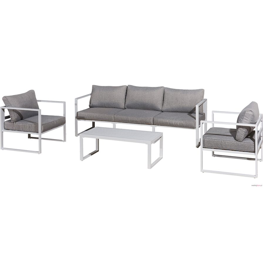 Zestaw mebli ogrodowych MOSTRARE GRANDE WHITE wykonany z aluminium w komplecie z szarymi poduchami