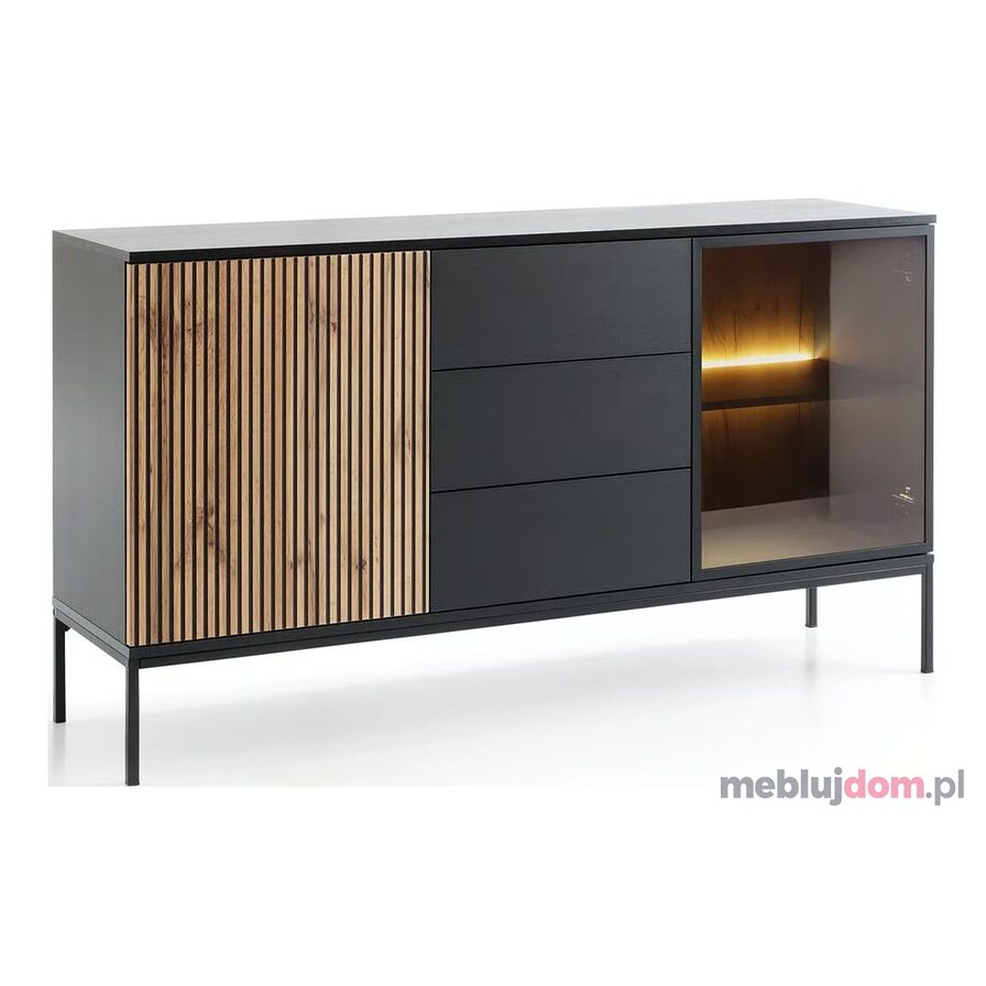 Komoda BOGALO 154 z led, czarny + dąb wotan