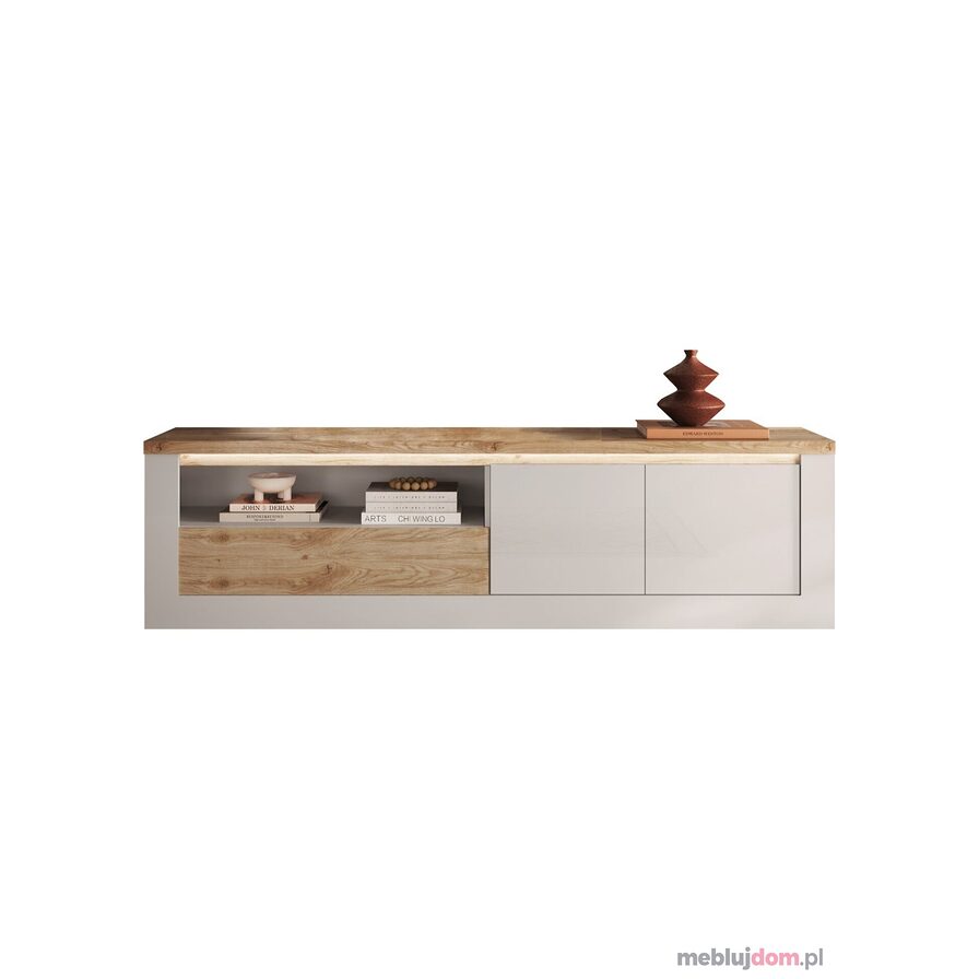 Szafka RTV ISCHIA 210 cm biały połysk + dąb cadiz + wstawki dąb cadiz