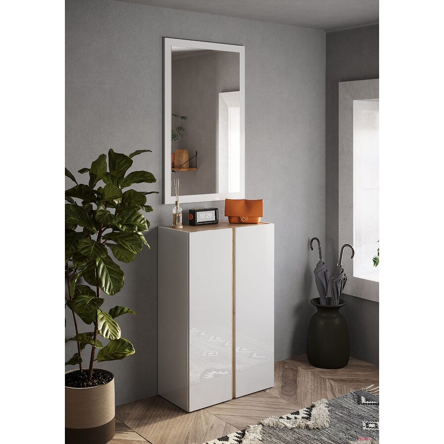 Szafka na buty FRAME 2D dwudrzwiowa w kolorze biały połysk + dąb cadiz 