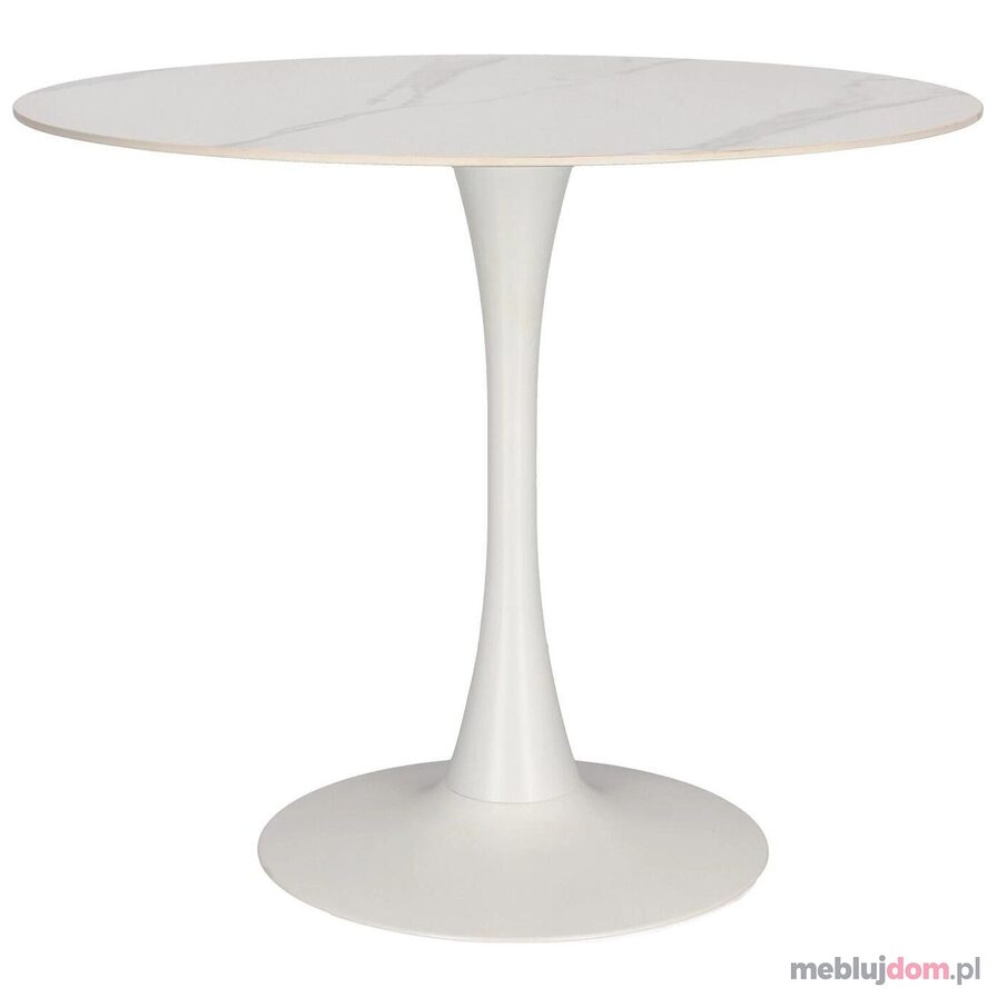 Stół okrągły 90 cm Simplet Skinny Premium Stone White bialy nowoczesny do jadalni i kuchni na jednej nodze