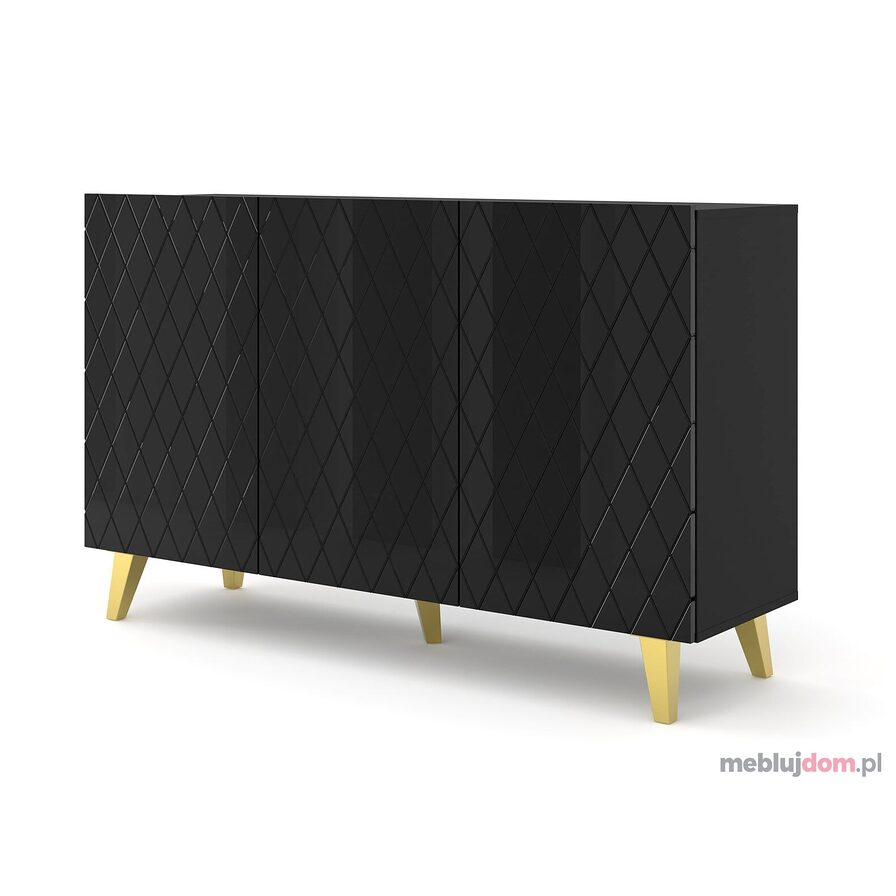 Komoda DIUNA 3D GOLD LEGS - Czarny + czarny połysk na złotych nogach