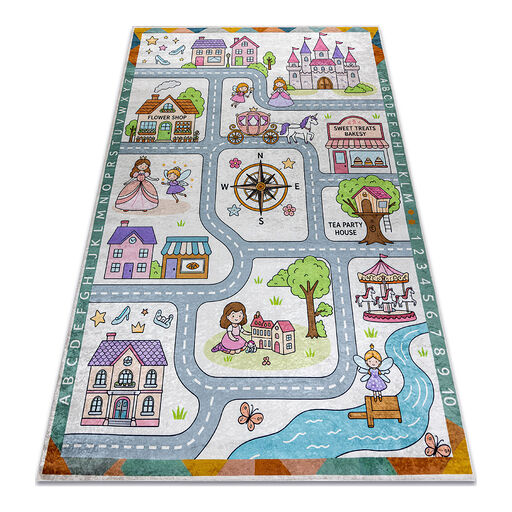 Dywan do prania BAMBINO 61430 Księżniczka, alfabet, ulice, uliczki dla dzieci, antypoślizgowy - szary / różowy