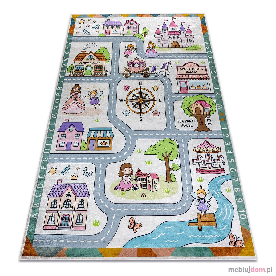 Dywan do prania BAMBINO 61430 Księżniczka, alfabet, ulice, uliczki dla dzieci, antypoślizgowy - szary / różowy