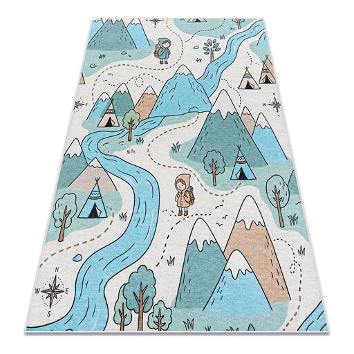 Dywan do prania BAMBINO 61590 Rzeka, góry, tipi dla dzieci, antypoślizgowy - krem / niebieski