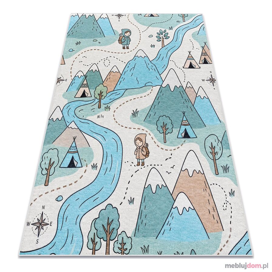 Dywan do prania BAMBINO 61590 Rzeka, góry, tipi dla dzieci, antypoślizgowy - krem / niebieski