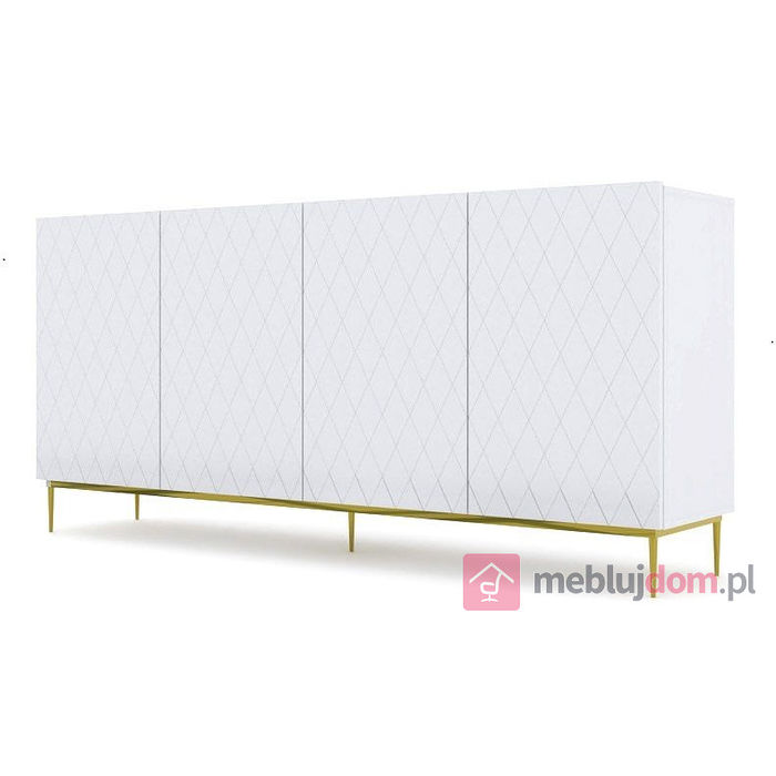Komoda DIUNA GOLD 192 Biała matowa z ozdobnym frontem na złotych nóżkach